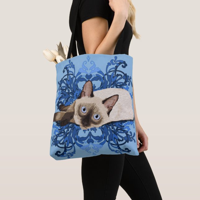 Elegant Blue Blommigt Siamese Cat Söt Kattdjur Tygkasse (Närbild)