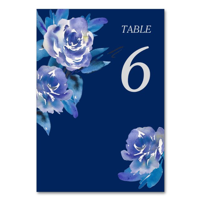 Elegant Blue Blommigt Silver Bröllop Bord Bordsnummer (Framsidan)