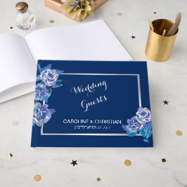 Elegant Blue Blommigt Silver Bröllop Gästböcker