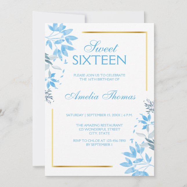 Elegant Blue Blommigt Sweet 16 Birthday Call Inbjudningar (Framsida)