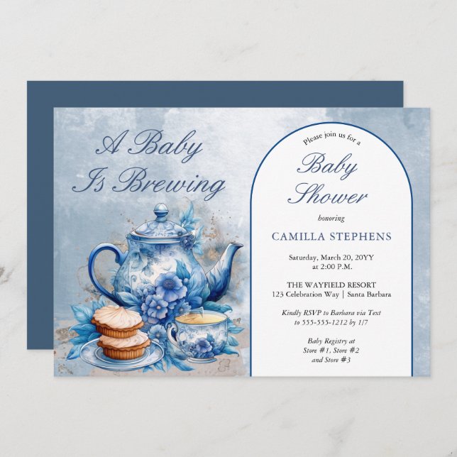Elegant Blue Blommigt Tea Set Baby Shower Tea Inbjudningar (Fram/baksida)