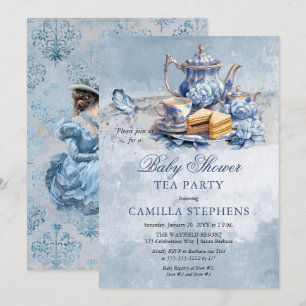 Elegant Blue Blommigt Tea Set Baby Shower Tea Inbjudningar