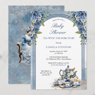 Elegant Blue Blommigt Tea Set Baby Tea Shower Inbjudningar
