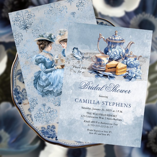 Elegant Blue Blommigt Tea Set Möhippa Tea Inbjudningar (Elegant Blue Floral Tea Set Bridal Shower Tea Party Invitation)