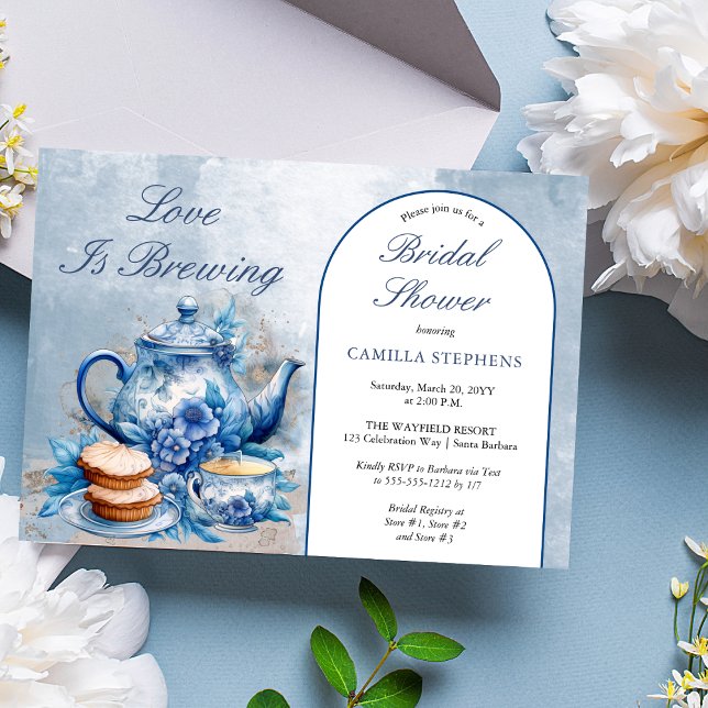 Elegant Blue Blommigt Tea Set Möhippa Tea Inbjudningar (Elegant Blue Floral Teacup Bridal Shower Tea Landscape Invitation)