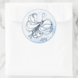 Elegant Blue Blommigt Template med Namn ・ Lily Art Runt Klistermärke