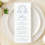 Elegant Blue Blommigt Vapensköld Monogram Bröllop Meny<br><div class="desc">Öka mottagningen med den här mjuka blåblå bröllop-menyns lugnande charm. En delikat blå botanisk vapensköld omger parets monogram överst, allt mot en vit bakgrund. "Menu" visas i elegant med mjuk blått calligrafi, med utrymme för att anpassa parets menyalternativ namn, bröllop och anpassningsbar. Perfekt för romantiska, kustnära eller elegant bröllop teman....</div>