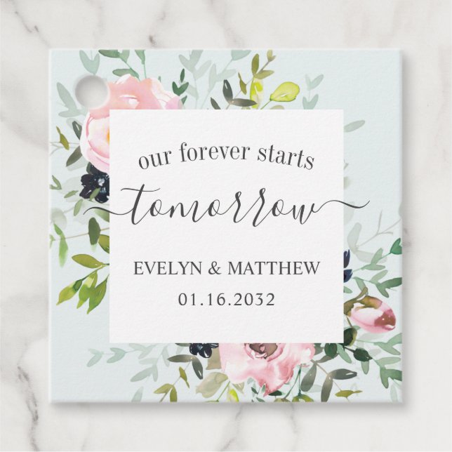 Elegant Blue Blommigt Vår framtid börjar i morgon Gåvor Etiketter (Framsida)