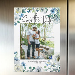 Elegant Blue Blommigt Vår Photo Save Date Magnetisk Inbjudningskort
