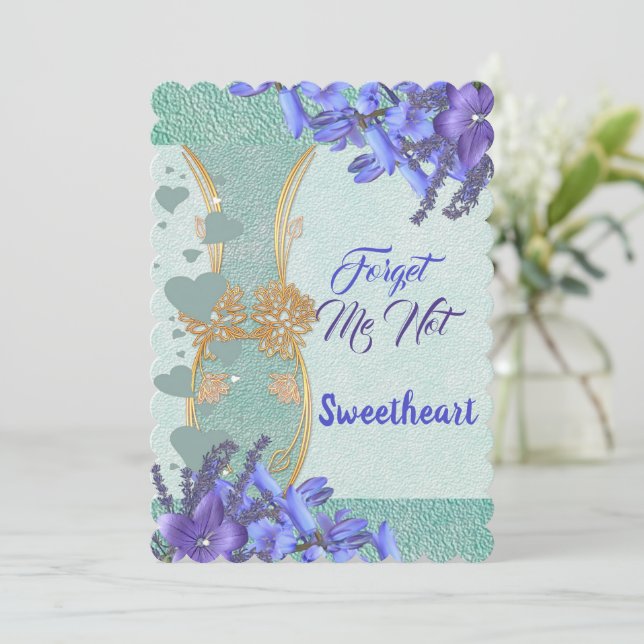 Elegant Blue Blommigt Vas Glöm mig inte Valentine Julkort (Stående Fram)