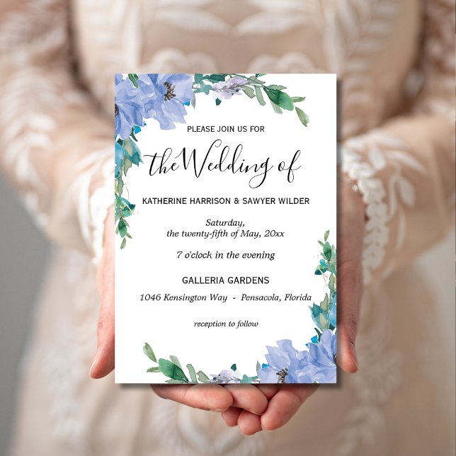 Elegant Blue Blommigt Watercolor Boho Bröllop Inbjudningar (Skapare uppladdad)