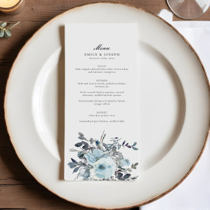 Elegant Blue Blommigt Watercolor Bröllop Meny