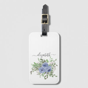 Elegant Blue Blommigt Watercolor Girly Script Namn Bagagebricka