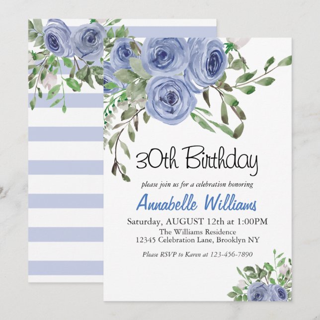 Elegant Blue Blommigt Watercolor Rand Birthday Inbjudningar (Fram/baksida)