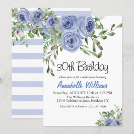 Elegant Blue Blommigt Watercolor Rand Birthday Inbjudningar