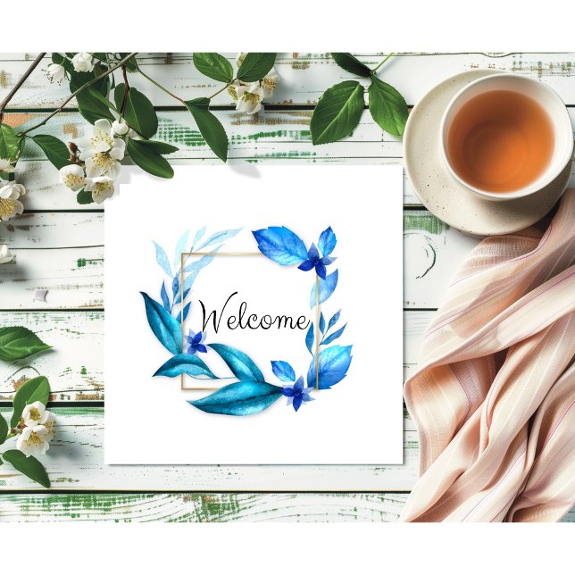 Elegant Blue Blommigt "Welcome" Watercolor Art Poster (Skapare uppladdad)