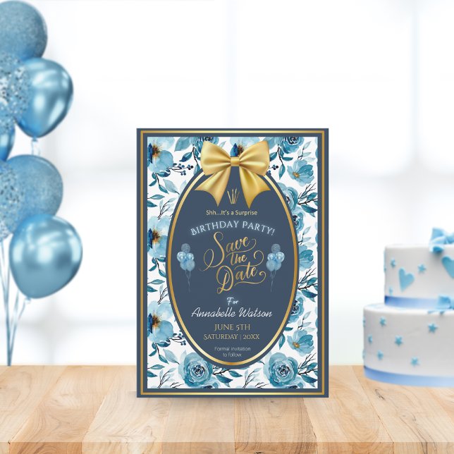 Elegant Blue Blommigt White Surprise Birthday Flat Spara Datumet (Skapare uppladdad)