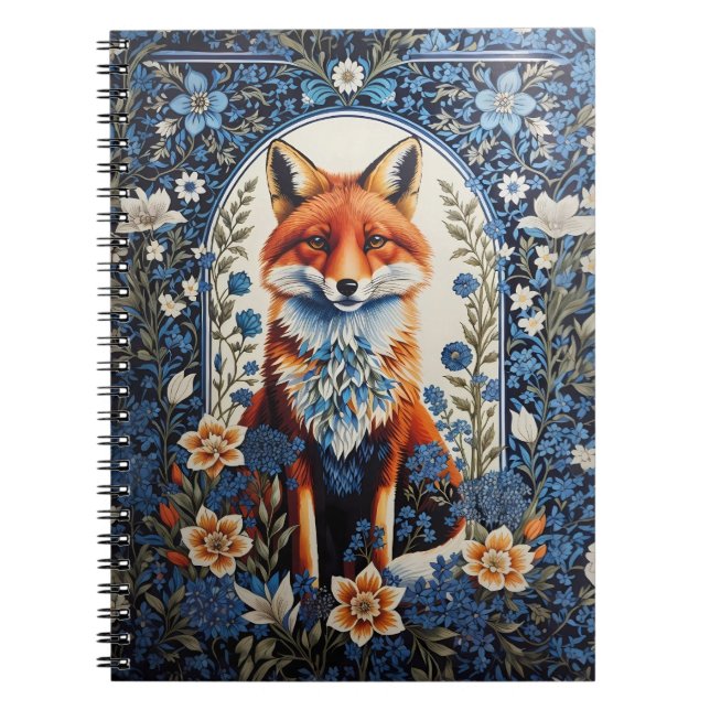 Elegant Blue Blommigt William Morris Inspired Fox Anteckningsbok (Framsidan)