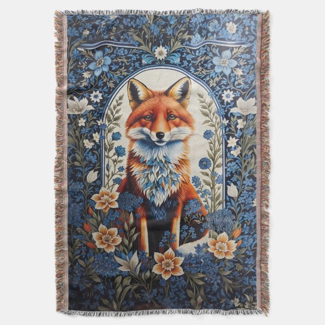 Elegant Blue Blommigt William Morris Inspired Fox Filt (Framsidan Vertikal)