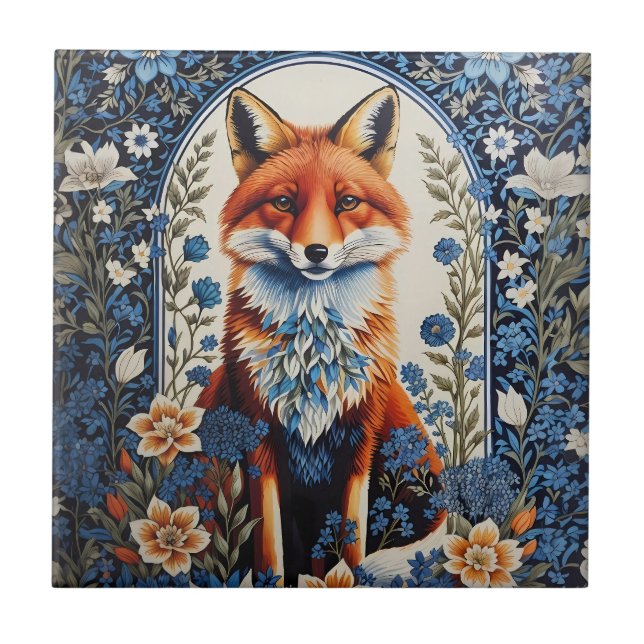 Elegant Blue Blommigt William Morris Inspired Fox Kakelplatta (Framsidan)