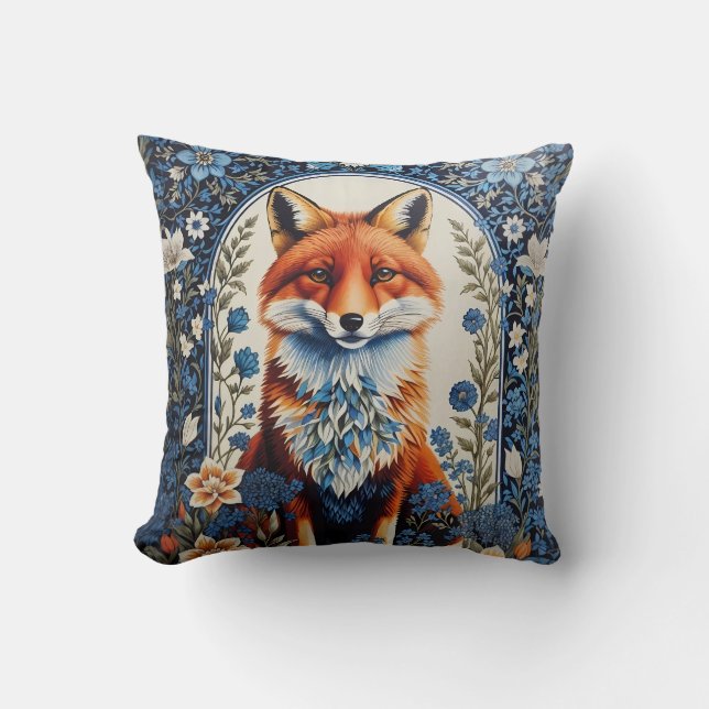 Elegant Blue Blommigt William Morris Inspired Fox Kudde (Framsida)