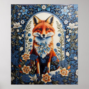 Elegant Blue Blommigt William Morris Inspired Fox Poster