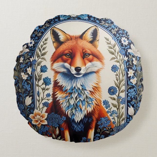 Elegant Blue Blommigt William Morris Inspired Fox Rund Kudde (Framsidan)