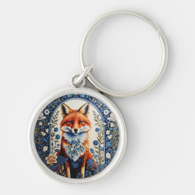 Elegant Blue Blommigt William Morris Inspired Fox Rund Silverfärgad Nyckelring (Framsidan)