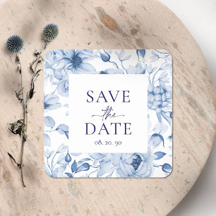 Elegant Blue-Blommigten "Save the Date" Bröllop Fyrkantigt Klistermärke