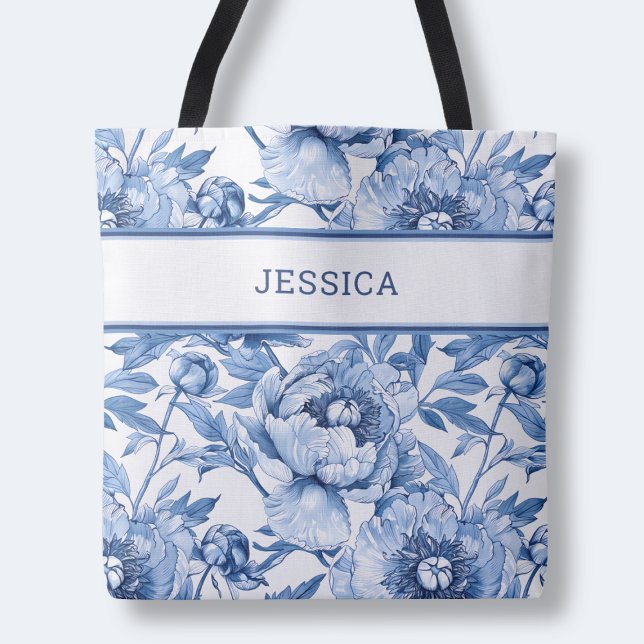 Elegant Blue Blommönster Cute Botanical Flowers Tygkasse (Elegant Blue Floral Pattern Cute Botanical Flowers Tote Bag)