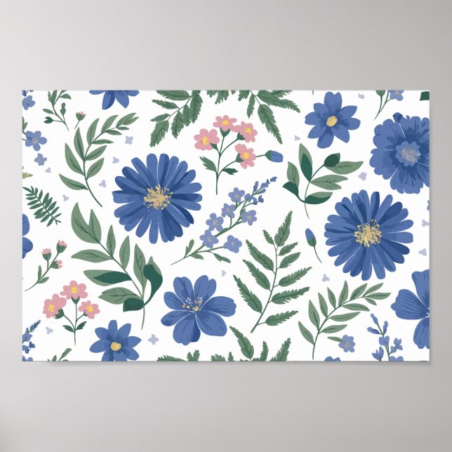 Elegant Blue-Blommönster med färsk grekiska Poster (Framsidan)