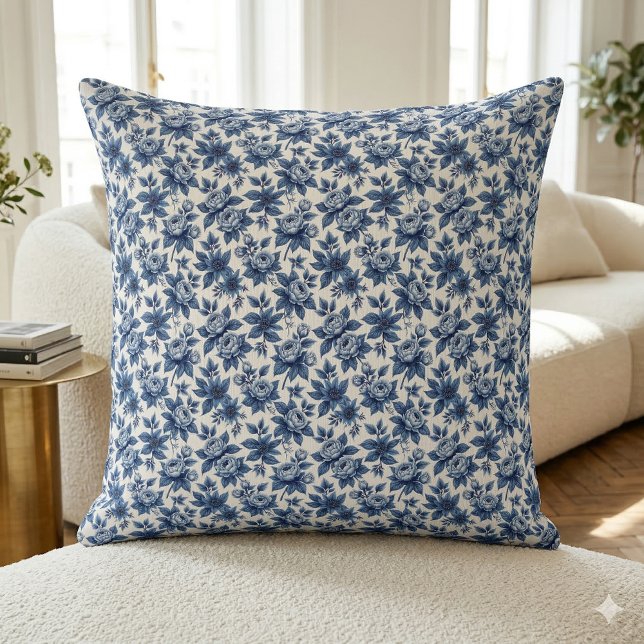 Elegant Blue Blommönster Vintage Peonies Kudde (Elegant Blue Floral Pattern Vintage Peonies Throw Pillow Mockup A)