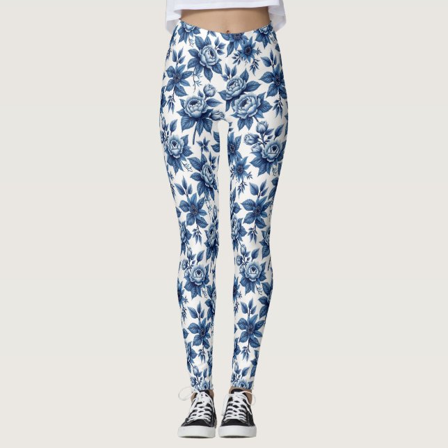 Elegant Blue Blommönster Vintage Peonies Leggings (Framsida)
