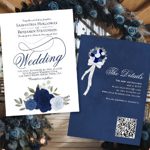 Elegant Blue Boho Ro Blommigt QR-kod Bröllop Inbjudningar