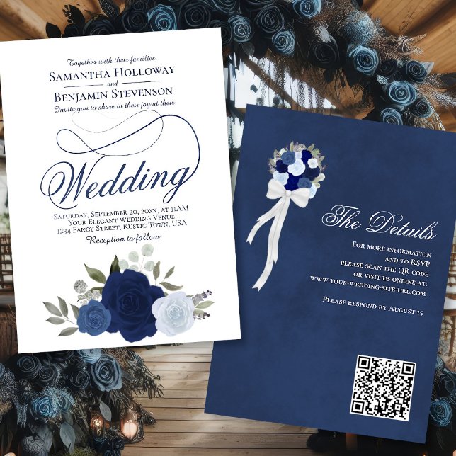 Elegant Blue Boho Ro Blommigt QR-kod Bröllop Inbjudningar (Front/Back)