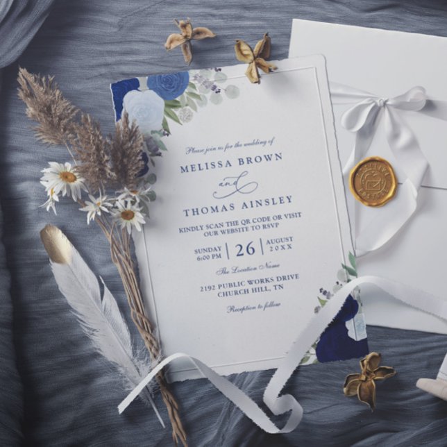 Elegant Blue Boho Roses Modern QR Code Wedding Inbjudningar (Skapare uppladdad)
