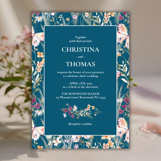 Elegant Blue Boho Wildblommor Bröllop Inbjudningar (Skapare uppladdad)