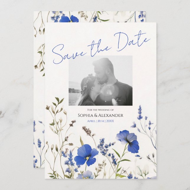 Elegant Blue Boho Wildblommor - Spara datum Inbjudningar (Fram/baksida)