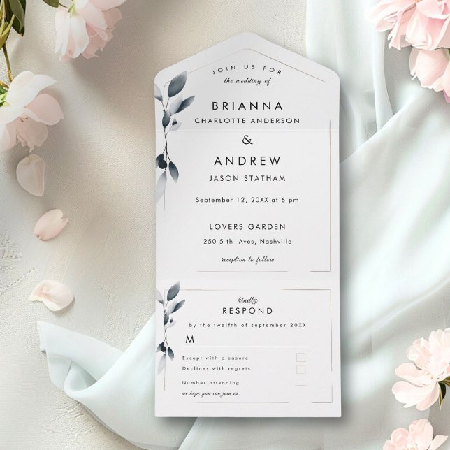 Elegant Blue Botanical Allt på en bröllopsinbjudan (Elegant Blue Botanical All in One Wedding Invite)