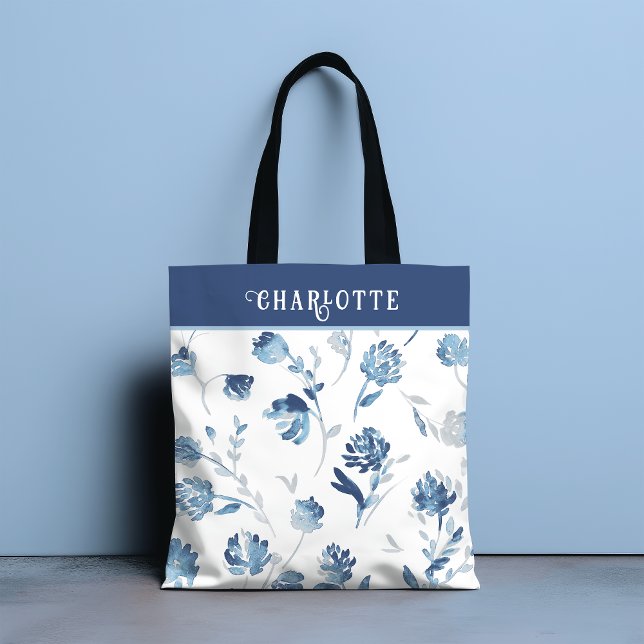 Elegant Blue Botanical Blommigt Personlig Namn Tygkasse (Skapare uppladdad)