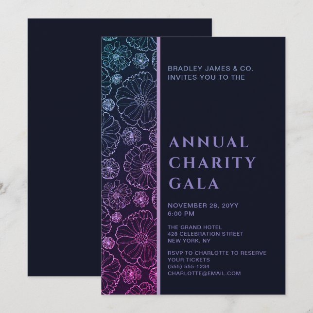 Elegant Blue Botanical Charity Event Gala Party Inbjudningar (Fram/baksida)