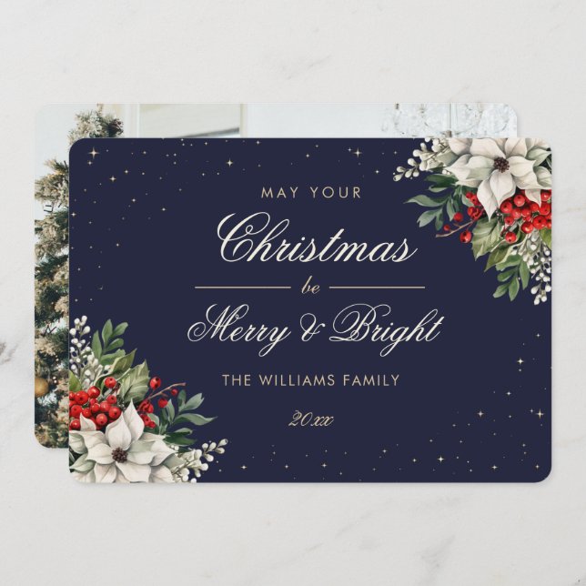 Elegant Blue Botanical Photo Christmas Julkort (Fram/baksida)