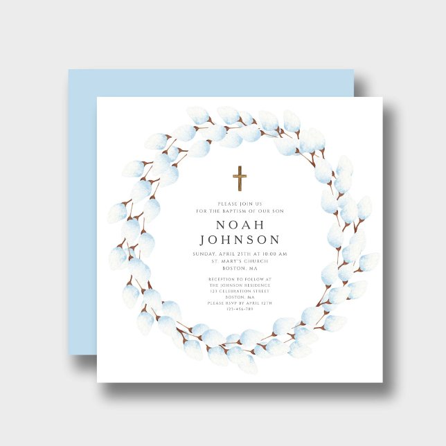 Elegant Blue Botanical Religiösa Boy Baptism Inbjudningar (Elegant Blue Botanical Religious Boy Baptism Invitation)