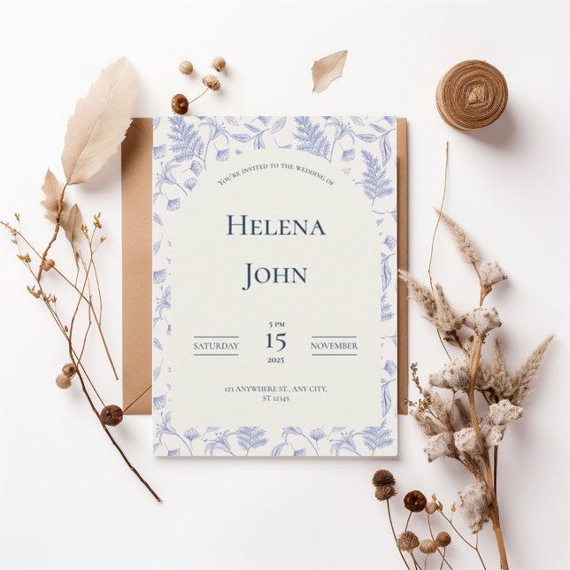 Elegant Blue Botanical Wedding Invitation Inbjudningar (Skapare uppladdad)