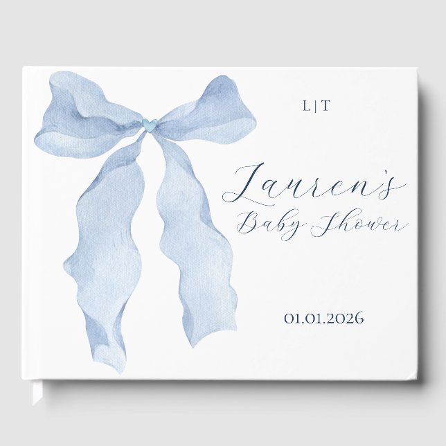 Elegant Blue Bow Baby Shower Gästböcker (Framsida)
