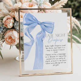 Elegant Blue Bow Baby Shower Late Night Diaper Poster