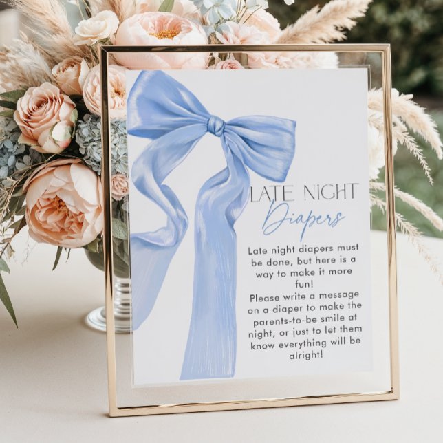 Elegant Blue Bow Baby Shower Late Night Diaper Poster (Skapare uppladdad)