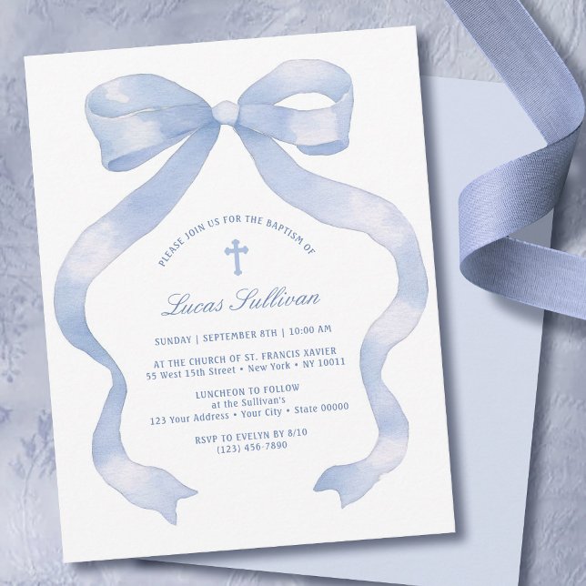 Elegant Blue Bow Baptism Inbjudningar (Skapare uppladdad)
