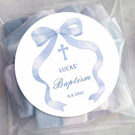 Elegant Blue Bow Baptism Runt Klistermärke