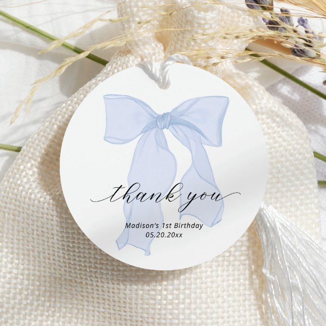 Elegant Blue Bow Birthday Tack Gåvor Etiketter (Skapare uppladdad)